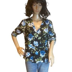 Banana Repubic Ecovero Elbow Sleeve Wrap Top Blouse Black Floral Print Small VGC